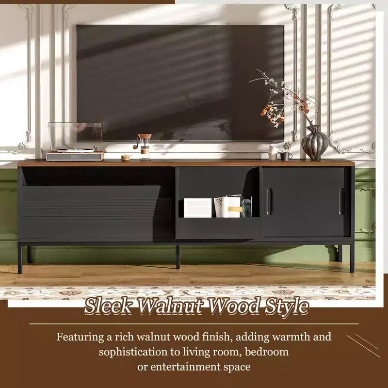 Meuble TV moderne pour téléviseurs jusqu'à 75 pouces, meuble de divertissement en bois de 180 cm avec rangement et porte coulissante, table console multimédia pour salon et chambre