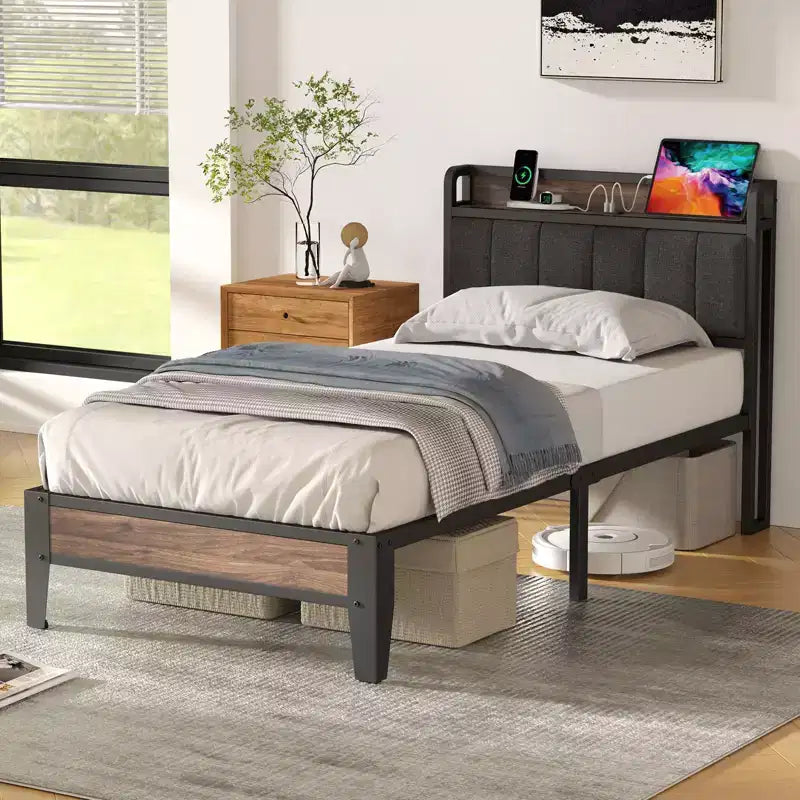 Lusimo Cadre de lit Twin XL, Lit plateforme rembourré avec tête de lit de rangement et station de charge
