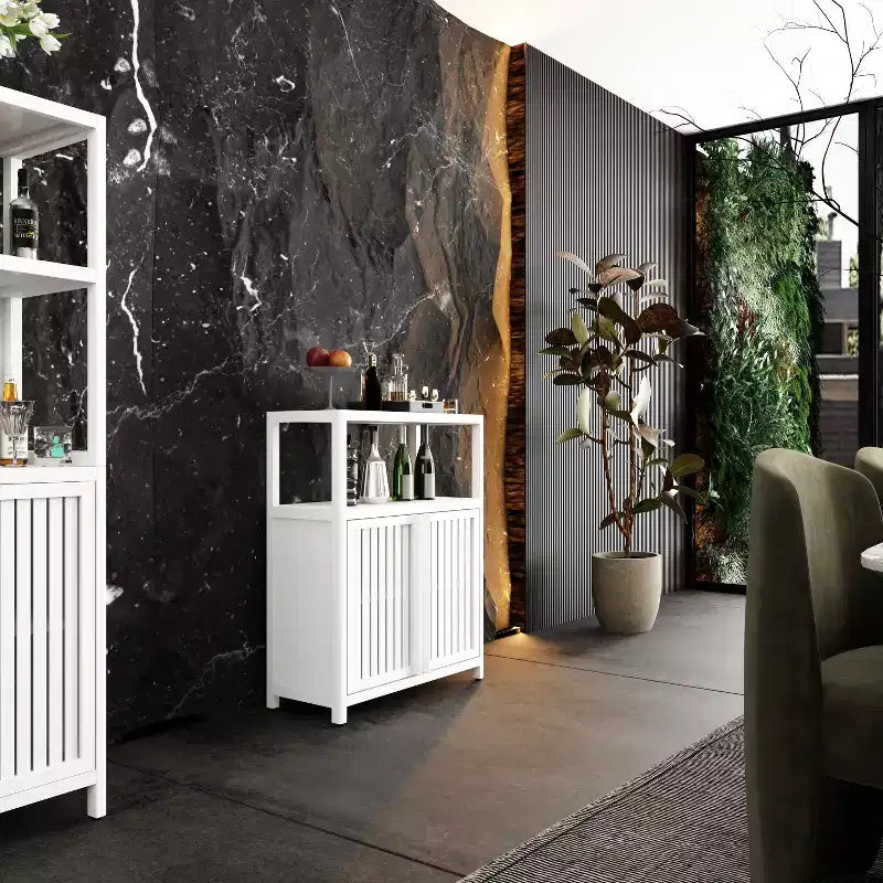 MAYEERTY Grand meuble de rangement en bambou blanc pour salle de bain et salon avec étagères 1 pièce