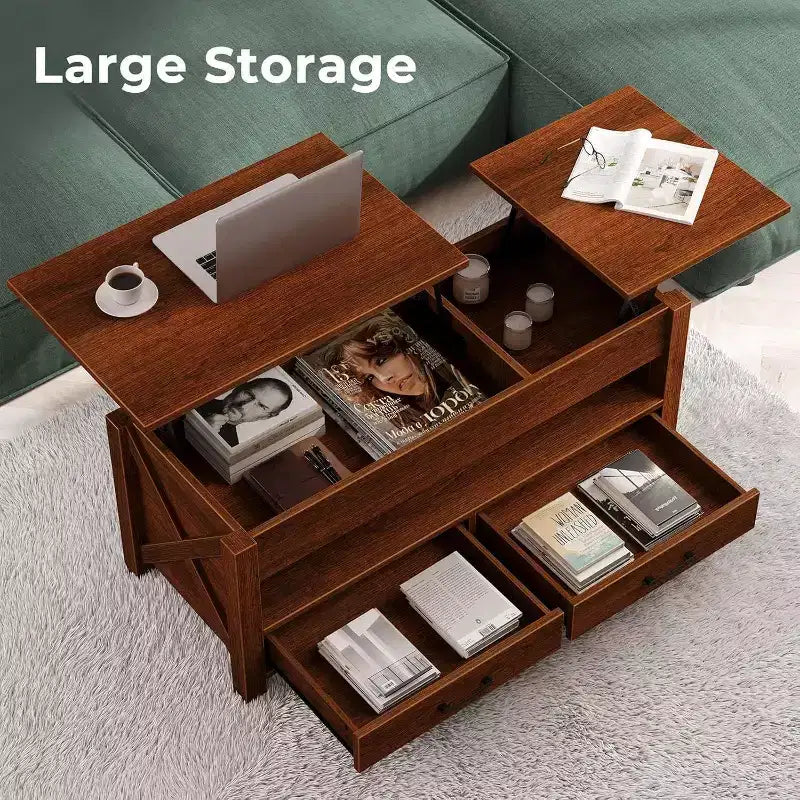 Table basse double de 120 cm de hauteur réglable, marron, avec tiroirs de rangement ; table de canapé réglable en hauteur à deux parties avec étagères cachées.