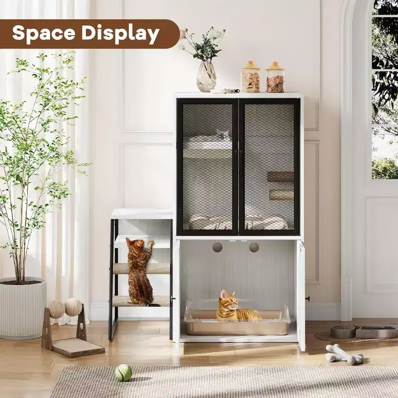 Meuble de litière pour chat GustomWave, armoire double cachée 2 en 1 avec bac à litière fermé et échelle, meuble pour chat en bois