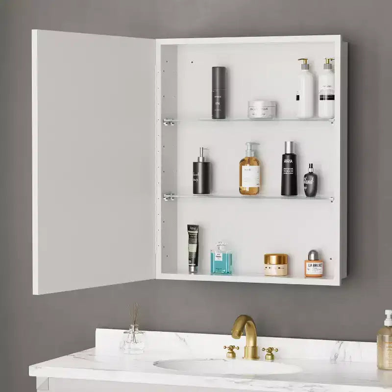 Armoire à pharmacie Elise avec miroir, armoire de salle de bain à montage en surface ou encastré, étagères réglables en verre trempé, réversible