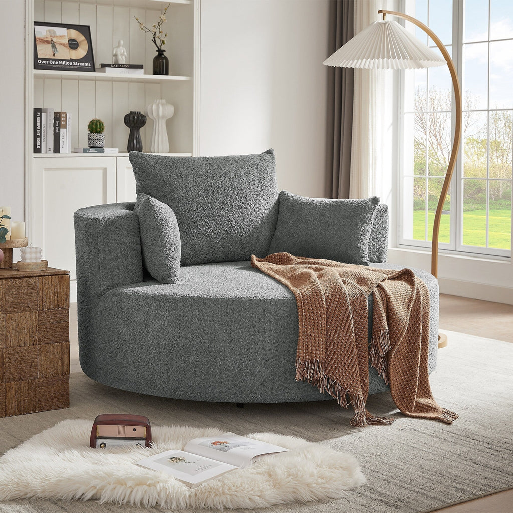 Fauteuil baril accent en chenille, Fauteuil de salon, Fauteuil rond avec base pivotante à 360 degrés et 3 coussins amovibles
