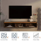 JVNOXK Meuble TV flottant mural de 162,5 cm en bois avec éclairage LED et prise de courant, finition brillante, idéal pour les salons. Ton bois.