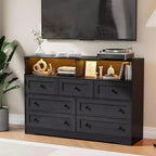 Commode en bois à 7 tiroirs avec station de recharge USB et lumières LED - Coiffeuse moderne avec 2 niches ouvertes pour chambre à coucher, salon, placard ou chambre d'enfant