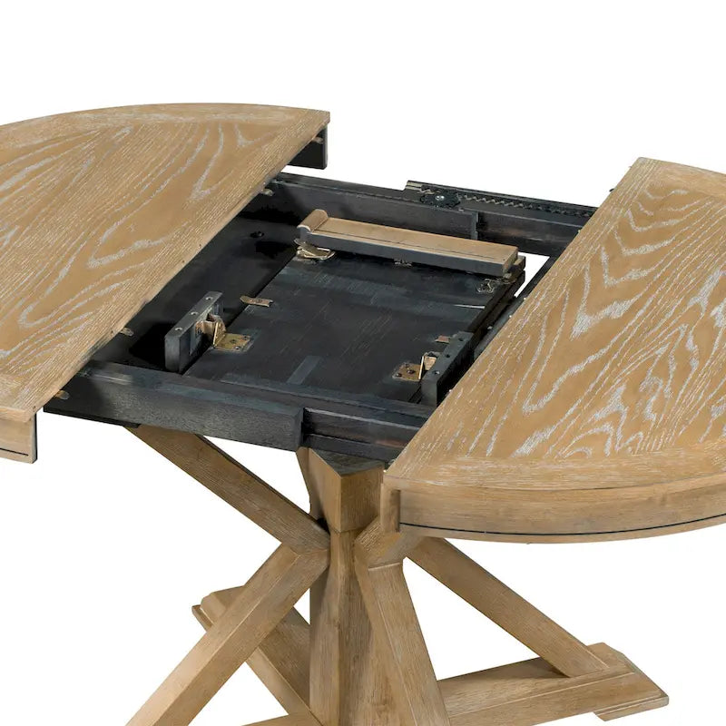 Ensemble de salle à manger 5 pièces en bois de style rétro avec table ronde extensible et 4 chaises, finition bois naturel vieilli