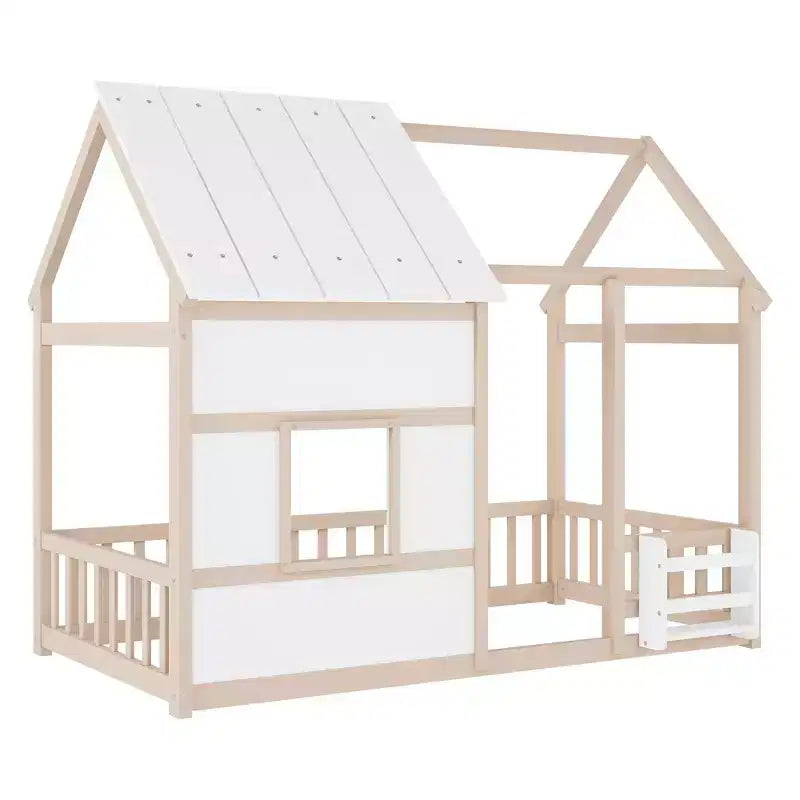Cadre de lit au sol Whisen Twin Size, lit en forme de maison avec toit, clôture