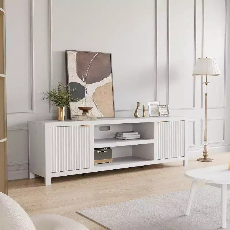 Meuble TV Acekool 70 moderne cannelé pour téléviseurs jusqu'à 80 pouces, console multimédia avec armoires de rangement, étagères réglables, centre de divertissement