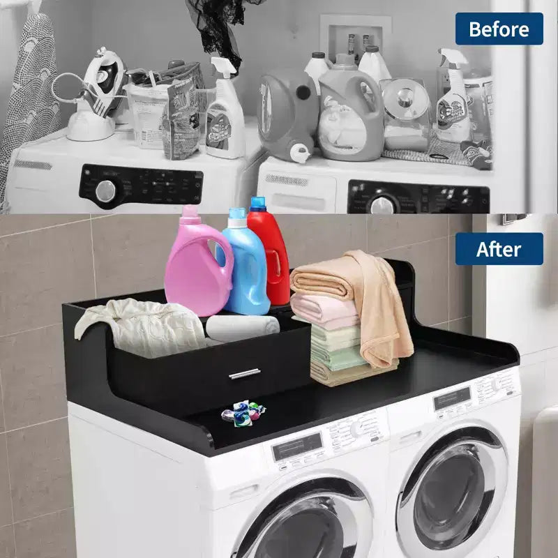 Plan de travail 2 niveaux pour lave-linge/sèche-linge avec 2 tiroirs, plan de travail de buanderie en bois avec rebords de 7 cm, couverture étanche pour lave-linge/sèche-linge avec patins antidérapants