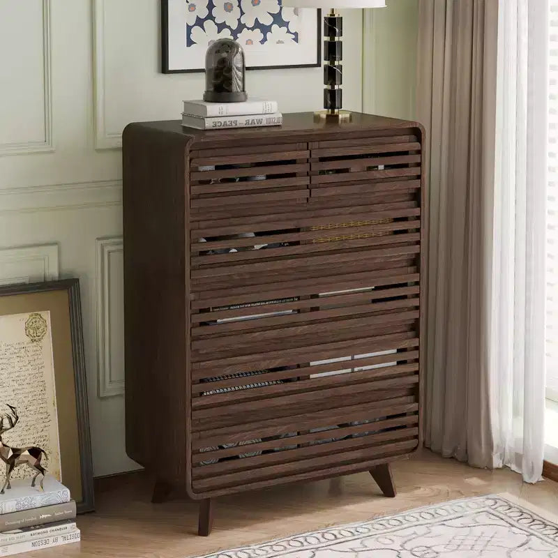 Commode haute SOLACE FURNITURE à 6 tiroirs, commodes avec grille et design incurvé