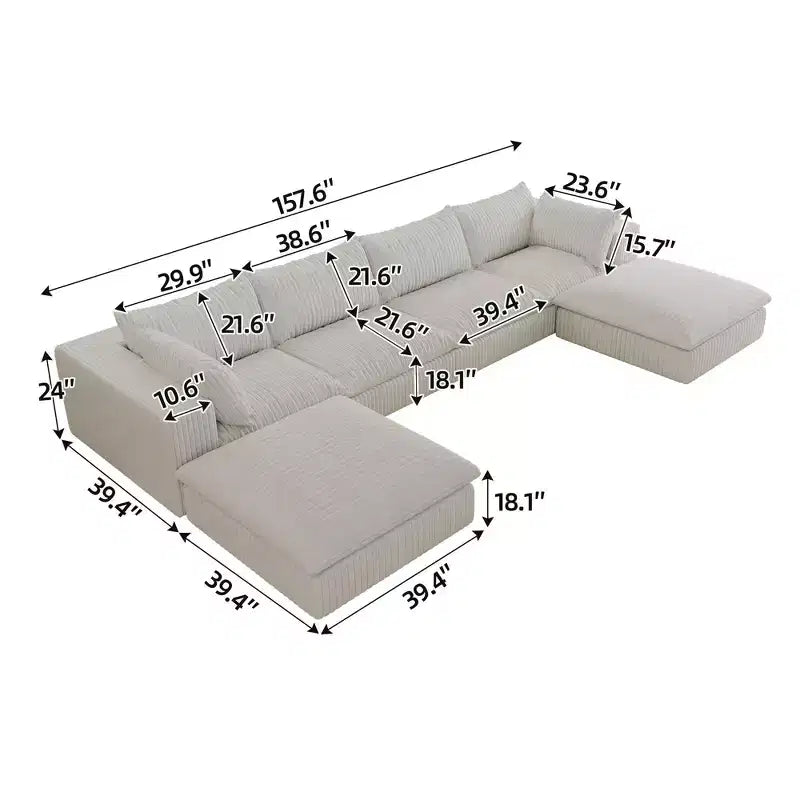 Canapé d'angle modulable en velours côtelé blanc de 4 m avec 2 poufs, grand canapé profond, design double couche, coussin amovible, aucun assemblage requis.