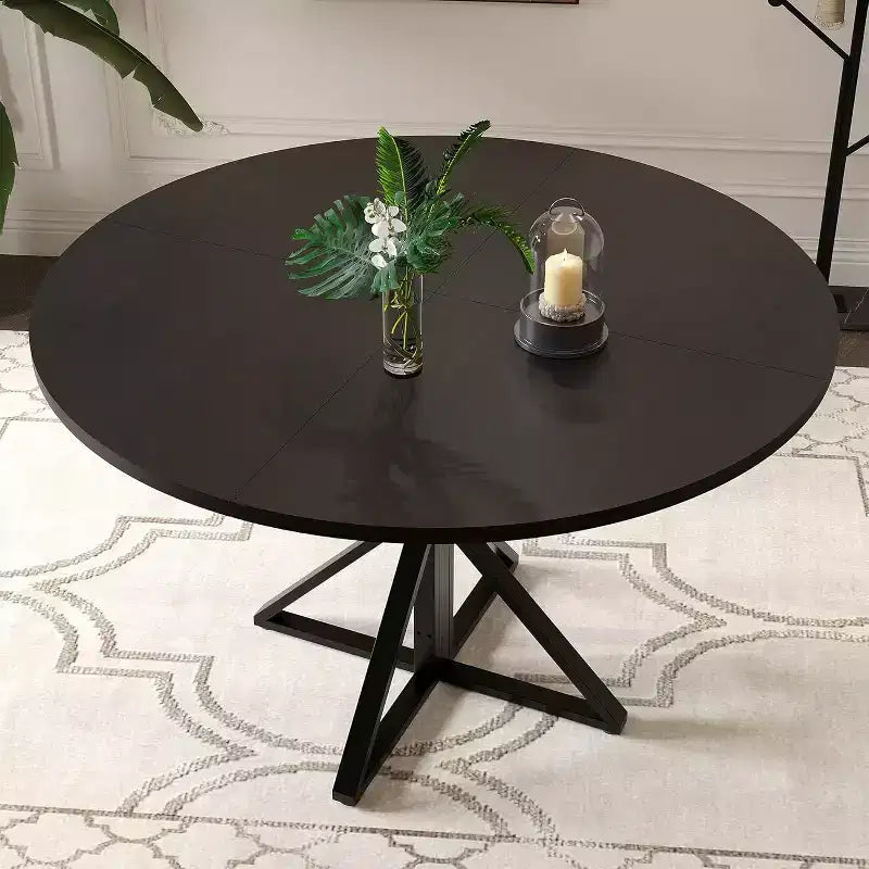 Table de salle à manger ronde de 120 cm pour 4 personnes, tables de cuisine en bois avec pied en métal et plateau en 4 parties, peu encombrante, table de dîner circulaire pour la maison
