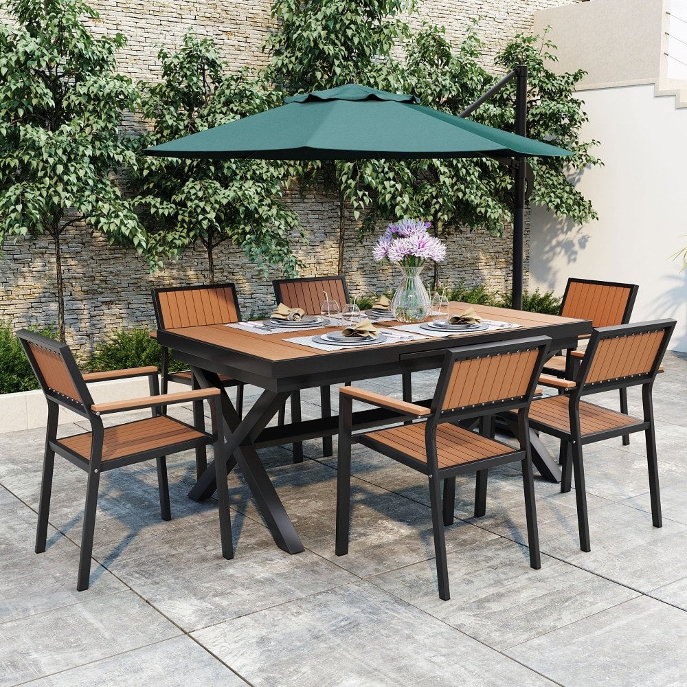 Ensemble de salle à manger d'extérieur moderne de 7 pièces avec six chaises et une table extensible pour terrasse