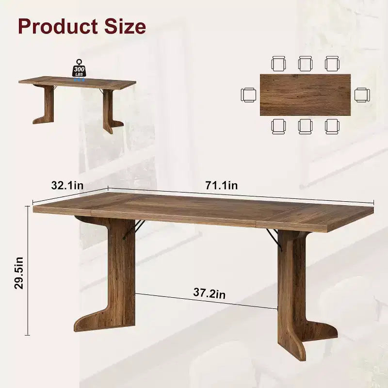 Grande table à manger rectangulaire de 180 cm pour 6 à 8 personnes, table de salle à manger rustique en bois massif avec pieds robustes et plateau solide pour salle à manger