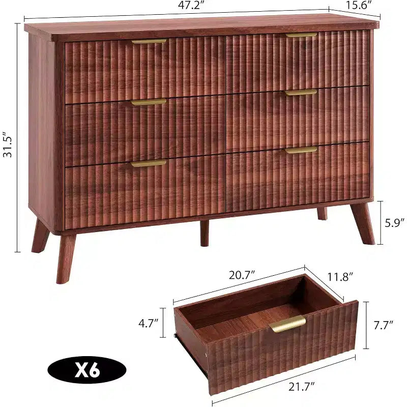 Commode 6 tiroirs pour chambre à coucher, commode de 120 cm de large avec profil incurvé, tiroirs en bois cannelé, commode moderne pour salon