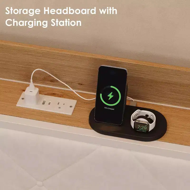 Lit de repos avec lit gigogne et lumière LED, cadre de lit double avec tête de lit rembourrée et station de charge, cadre de lit de repos en métal ou pour salon