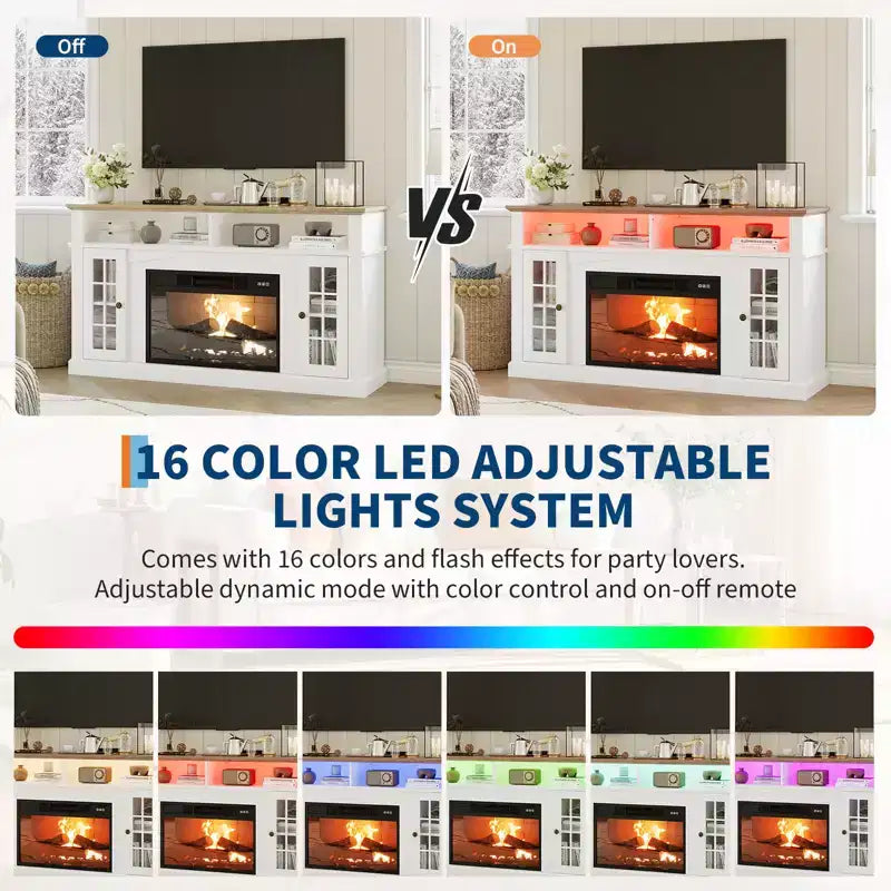 Meuble TV compatible 70 pouces, Console multimédia 58 pouces, Meuble TV moderne effet bois avec lumières LED, Rangement avec portes en verre et étagères réglables
