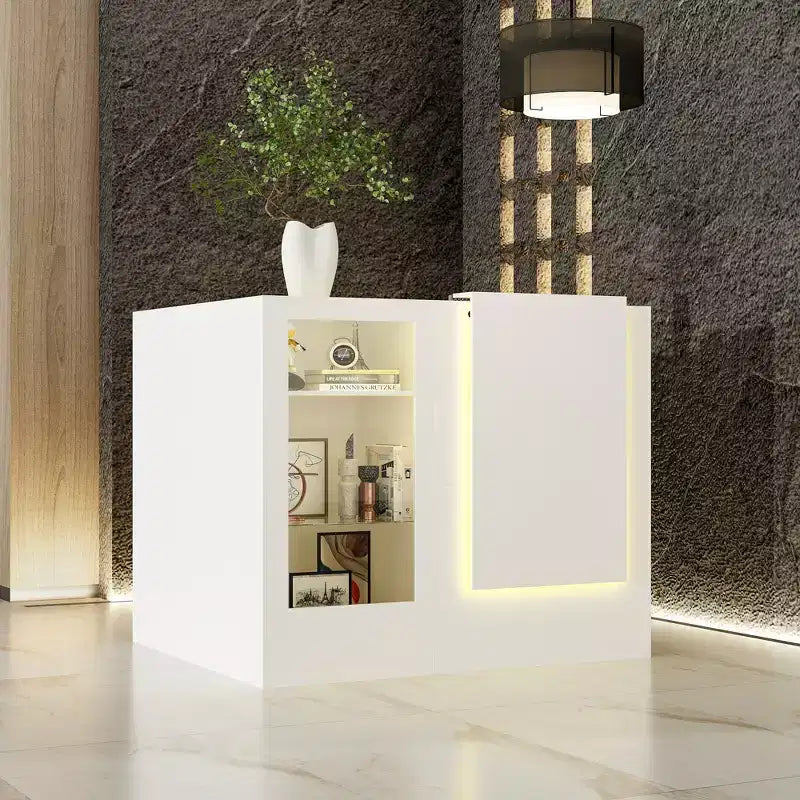 Comptoir de réception d'angle blanc Famapy avec vitrine en verre trempé