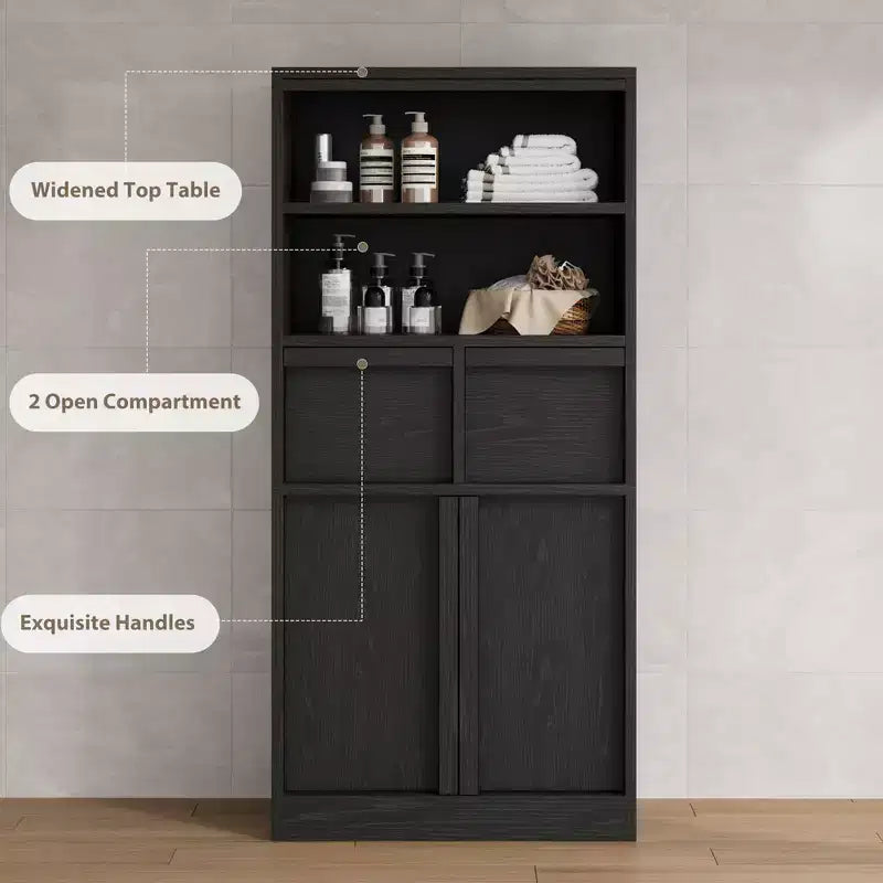 Meuble de Rangement Salle de Bain Haut de 129 cm, Meuble Bas Autonome avec 2 Tiroirs, Meuble de Rangement pour Salon Cuisine Salle de Bain