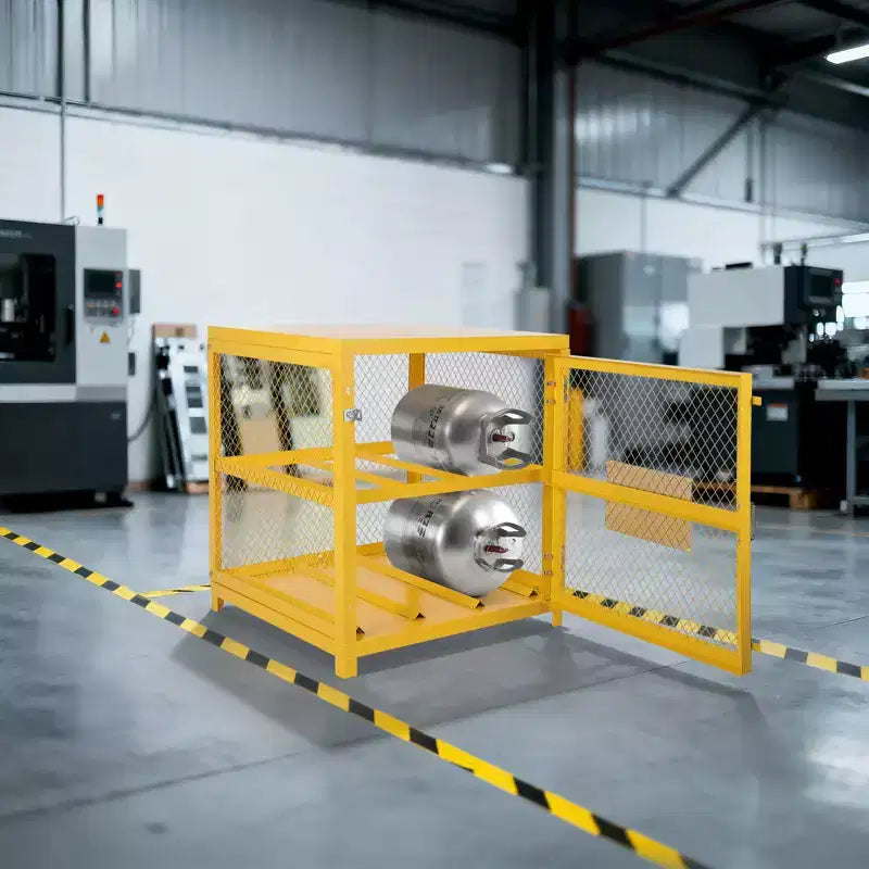 Armoires de rangement de matières dangereuses 31x30x35 pouces, verrouillables, robustes pour 4 bouteilles de propane, conformes à l'OSHA, cage pour réservoir de gaz, garde-corps antidérapants, acier jaune