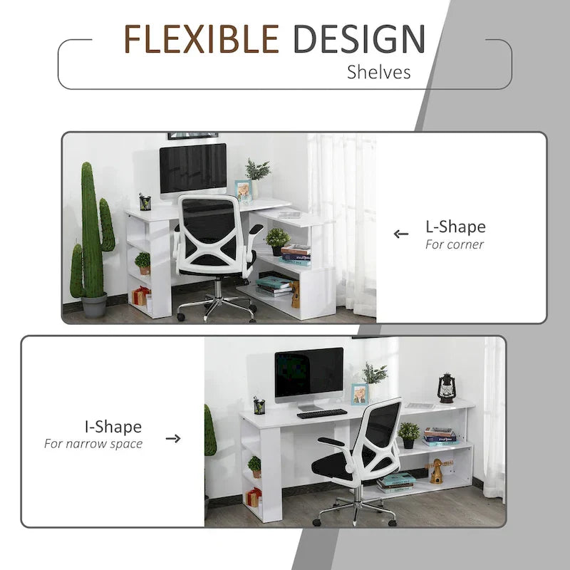 Bureau d'angle en L rotatif à 360° HOMCOM : Blanc, avec étagères de rangement