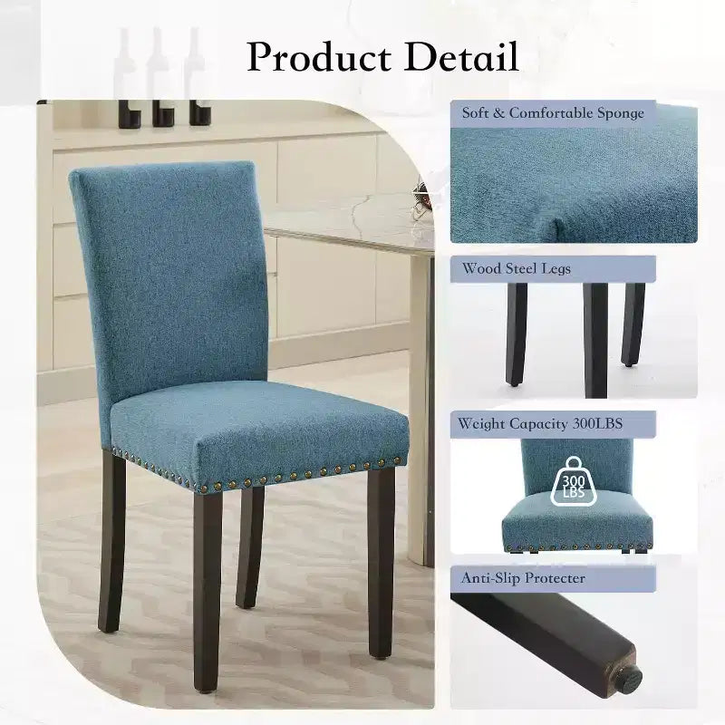 Lot de 2 chaises de salle à manger, chaises rembourrées pour salle à manger, chaises de cuisine en tissu avec pieds en bois cloutés et coussin rembourré, pour salon