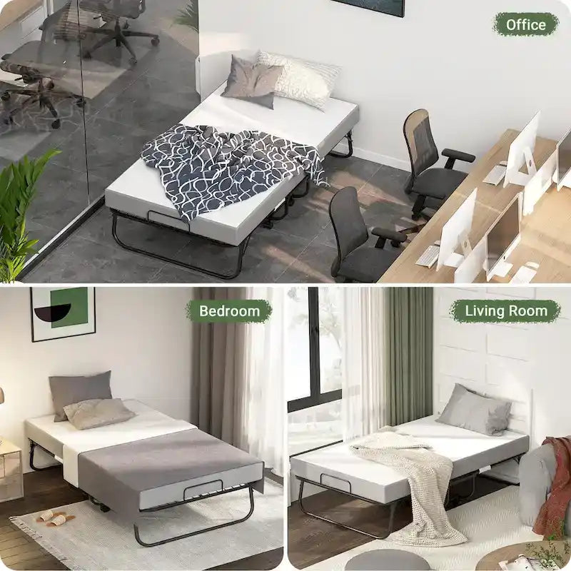 Lit d'appoint pliant roulant en acier gris et noir avec matelas en mousse à mémoire de forme de 5 et roues pour 1 personne
