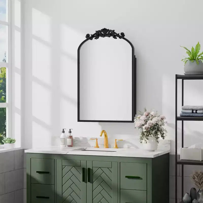 Armoire à pharmacie en fer forgé doré de 19,5 x 29,64 pouces avec miroir, armoire de salle de bain avec miroir sculpté