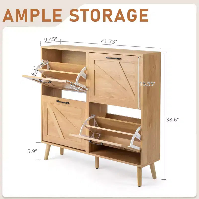 Karl Home Armoire à chaussures 4 portes réversibles noires en aggloméré gaufré avec pieds naturels 105,9 cm Bois naturel