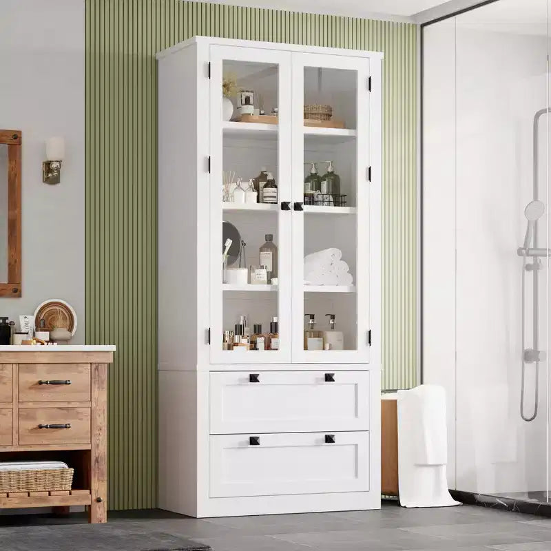 Armoire de cuisine haute de 71 po – Buffet de rangement moderne avec 2 grands tiroirs, portes en verre et étagères réglables, vaisselier de cuisine de style campagnard