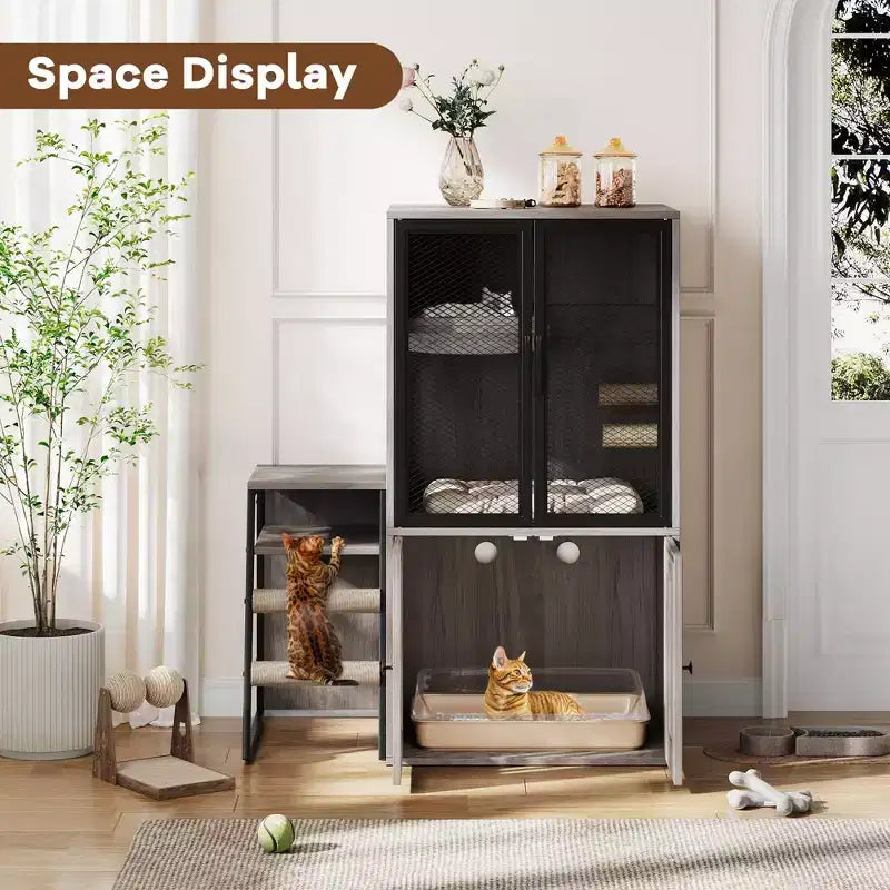 Meuble de litière pour chat GustomWave, armoire double cachée 2 en 1 avec bac à litière fermé et échelle, meuble pour chat en bois