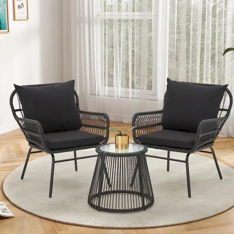 Ensemble de bistro 3 pièces pour terrasse, salon de jardin en rotin tressé avec table en verre et 2 fauteuils larges, coussins d'assise