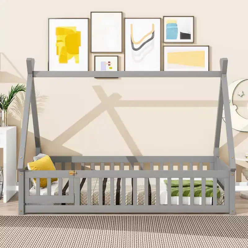 Okak Lit au sol simple/double avec toit amovible en forme de tente et rails de sécurité à 360° pour les tout-petits de 2 à 6 ans, lit pour enfants facile à monter, chambre d'enfant