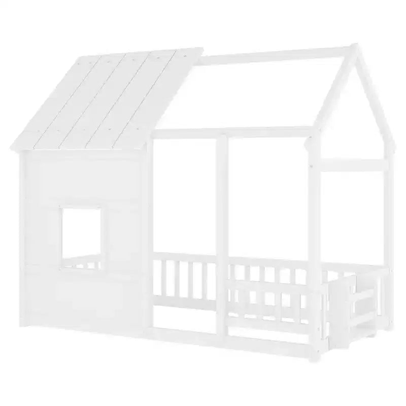 Cadre de lit au sol Whisen Twin Size, lit en forme de maison avec toit, clôture