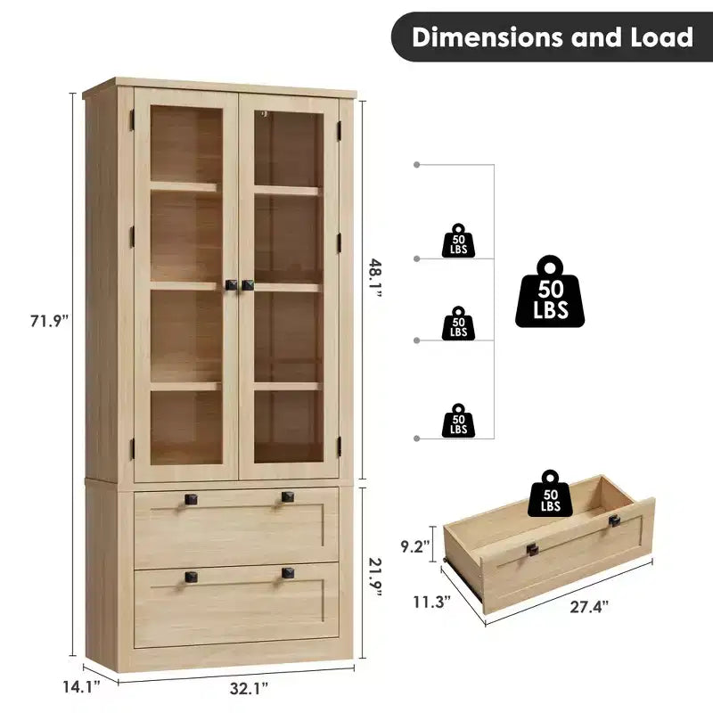 Armoire de cuisine haute de 71 po – Buffet de rangement moderne avec 2 grands tiroirs, portes en verre et étagères réglables, vaisselier de cuisine de style campagnard