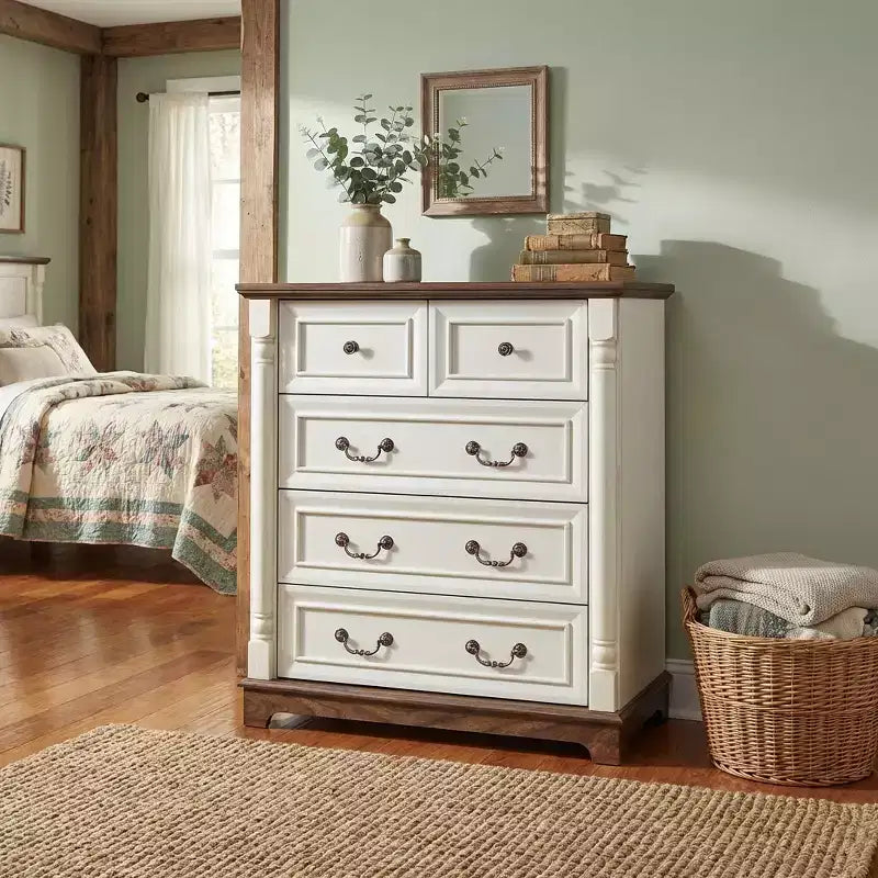 JVNOXK Commode à cinq tiroirs en bois de style rustique de 31 pouces avec base, armoire de rangement pour chambre ou salon, élégante, robuste, durable, noyer