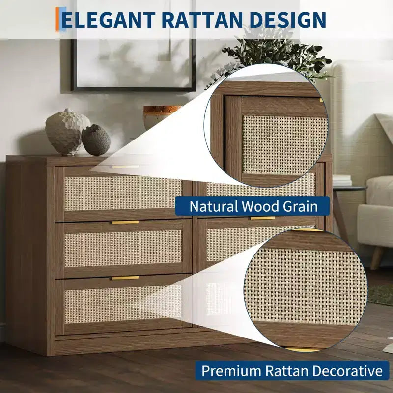 Commode à 6 tiroirs GustoWave pour chambre à coucher, commode en rotin de 133,8 cm de large, en bois avec poignées dorées, meuble TV de style ferme, table d'entrée, chiffonnier