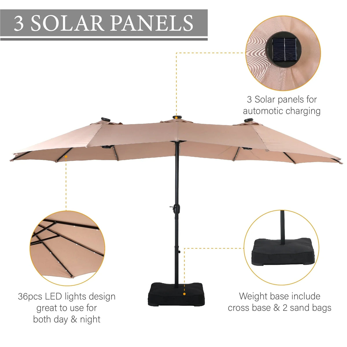 Parasol de marché extérieur rectangulaire de 4,5 m avec manivelle, double face, lumières LED solaires et base incluse
