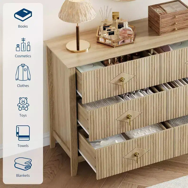 Acekool Commode cannelée à 6 tiroirs de 120 cm, Meuble de rangement moderne pour chambre à coucher, salon