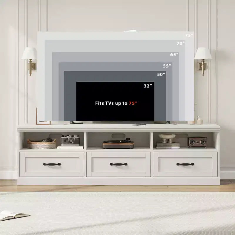 Meuble TV 70 pouces pour téléviseurs jusqu'à 80 pouces, meuble de divertissement moderne du milieu du siècle avec tiroir, meuble TV console média pour salon, chambre à coucher