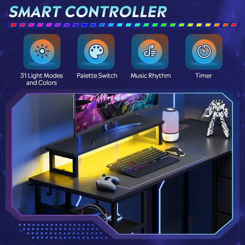 GALAXHERO Bureau Gamer en L de 120 cm, Bureau d'Angle Informatique avec Rangement, Prises de Courant et Lumières LED, Bureau de Travail/Gaming pour Chambre
