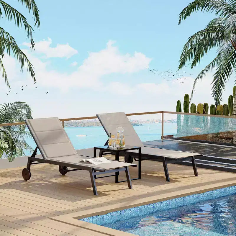 2 chaises longues de patio en tissu avec table d'appoint, dossier réglable, transats de piscine à roulettes, chaises de bronzage pour piscine extérieure, cour, pelouse