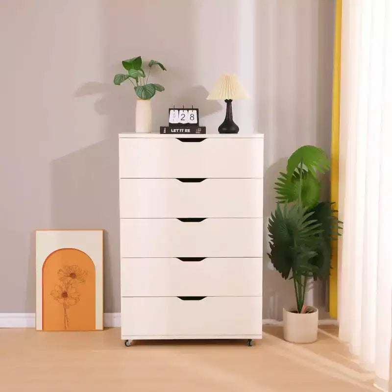 JVNOXK Meuble à cinq tiroirs de 76 cm avec 4 roulettes, meuble de rangement moderne avec poignées découpées, tiroirs à glissement fluide, blanc