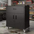 Garvee 35.4 Armoire de rangement métallique, armoire à outils roulante robuste avec 2 portes et tiroir pour la maison, le bureau, noir
