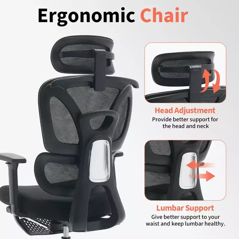 Chaise de bureau ergonomique en maille - Dossier haut, support lombaire réglable, appui-tête et repose-pieds rembourrés, siège large et respirant, chaise de bureau pivotante