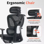 Chaise de bureau ergonomique en maille - Dossier haut, support lombaire réglable, appui-tête et repose-pieds rembourrés, siège large et respirant, chaise de bureau pivotante