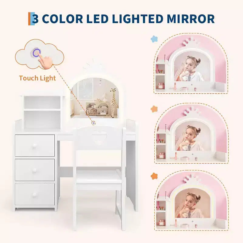 Coiffeuse avec miroir et lumières pour petites filles, ensemble de coiffeuse avec tiroirs et étagères de rangement ouvertes, table de toilette en bois pour chambre à coucher