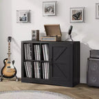 Meuble Tourne-Disque Noir en Bois de Style Ferme avec Porte Coulissante – Rangement de Vinyles pour 750 Albums, Étagères d'Exposition, Meuble TV Idéal pour Salon