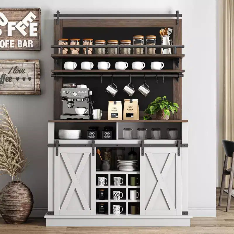 Meuble à café style ferme, 75 pouces de haut, buffet avec rangement, grand meuble de bar avec porte coulissante de style grange, salle à manger