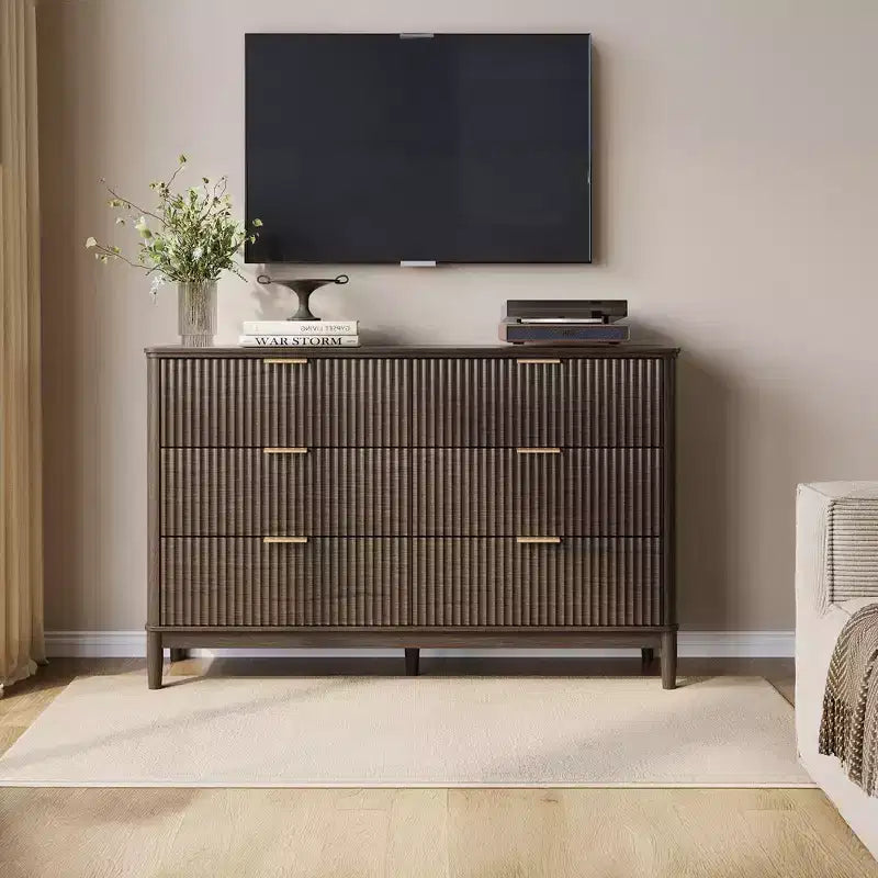 Commode LINSY HOME à 6 tiroirs cannelés pour chambre à coucher, grande commode de style moderne du milieu du siècle avec poignées en métal doré, commodes larges en bois de style bohème
